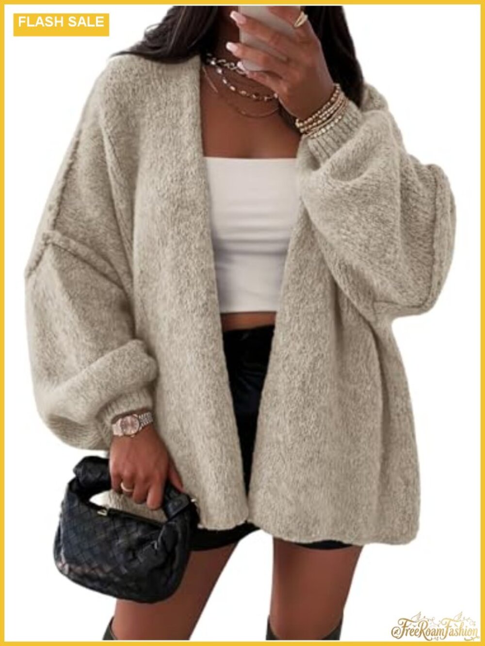 Oversized Open Front Lantern Sleeve Cardigan Sweater Women